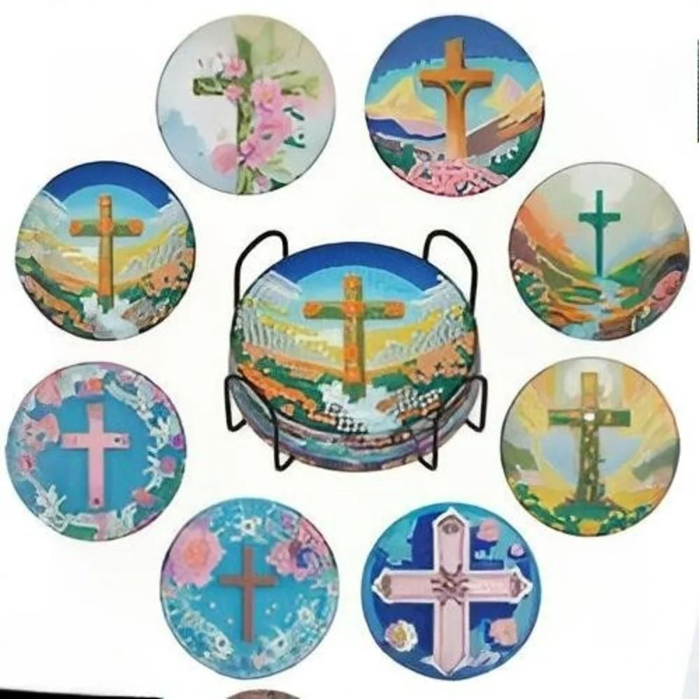 Set of 8 Diamond Painted Religious‎ Cross Coasters